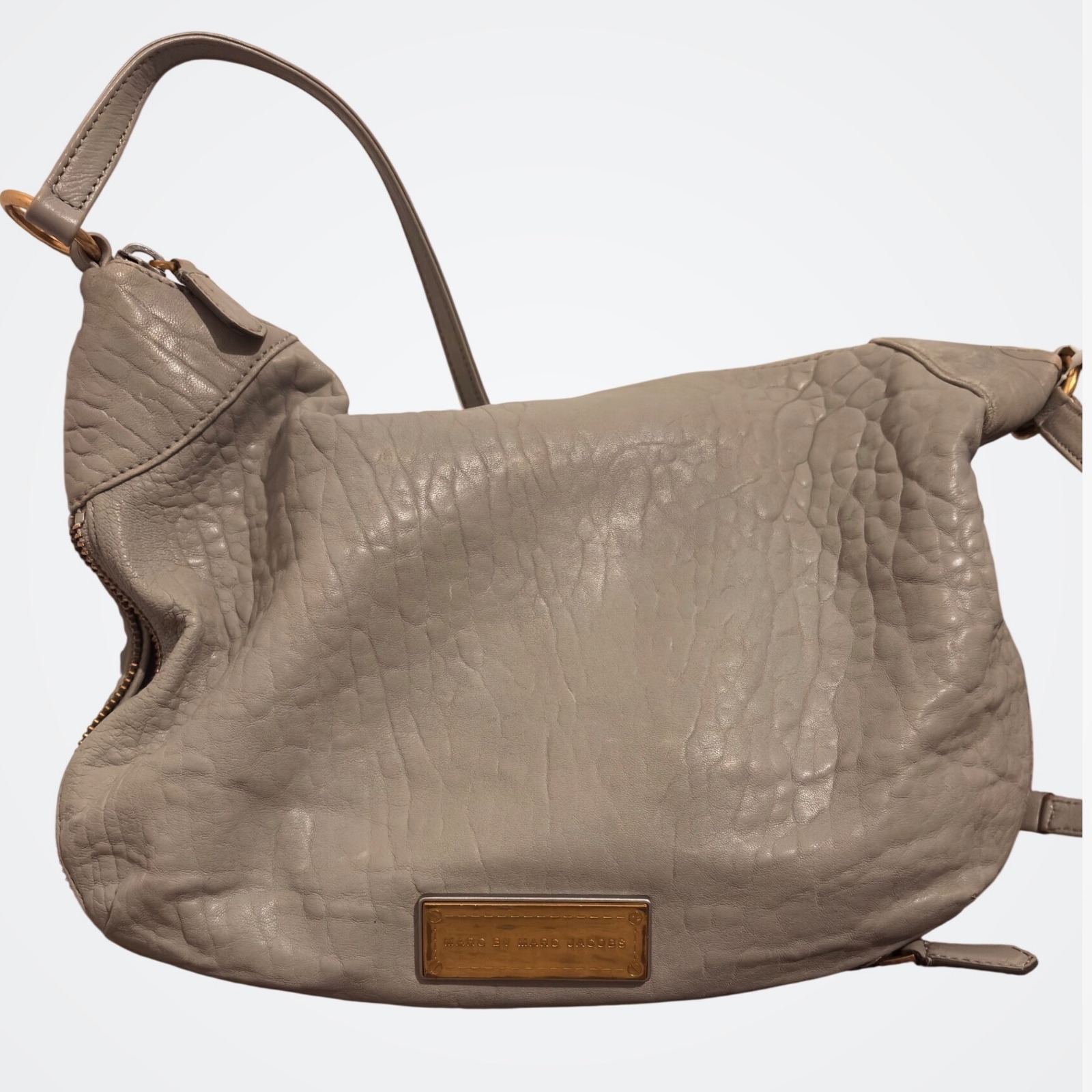 Marc By Marc Jacobs Grey Pebbled Leather Shoulder Bag Slouchy Hobo Gold Hardware